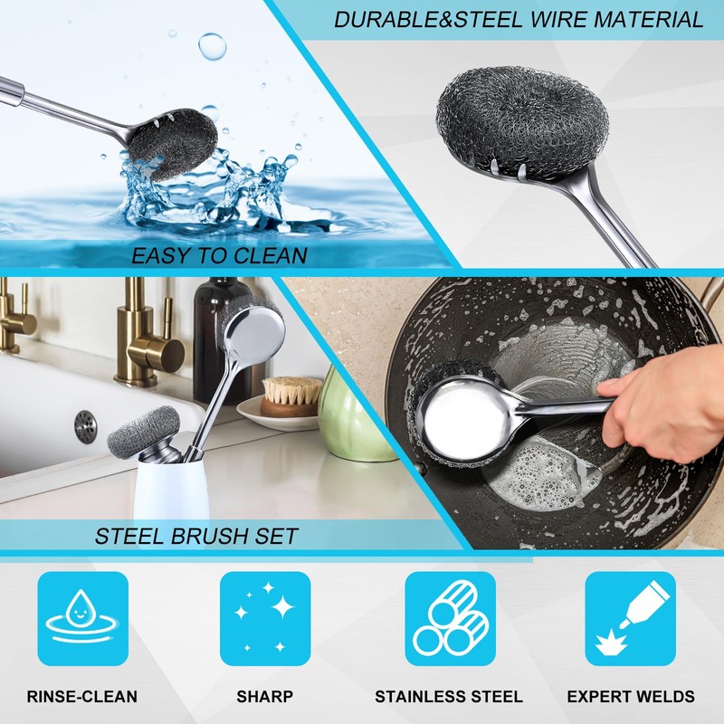 SiliFine 6 Pack Stainless Steel Scrubber with Handle, Silver Stainless