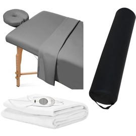 HunnmingRe 5 PCS 73" x 30 "Massage Table Warmer with 3 Heat Settings(110v), Microfiber Massage Table Sheets Set Round Bolster Pillow Pad for Spa Bed, Includes Flat Sheet, Fitted Sheet, Face Rest Cover