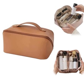 Portable Leather Travel Cosmetic Bag, Large Capacity Travel Cosmetic Bag, Leather Makeup Bag, Portable Cosmetic Bag, Skin Care Toiletry Bag, Cosmetic Toiletry Bag with Handle Divider, brown