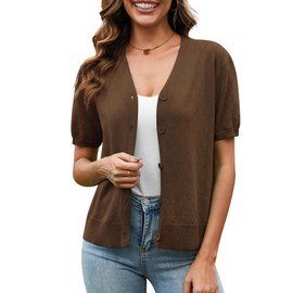 VIISHOW Short Sleeve Lightweight Summer Cardigan for Women,Button Down Open Front V Neck Crochet Knit Cropped Bolero Shrugs,Coffee,Medium