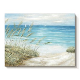 Beach Sea Canvas Wall Art: Seaside Coastal Reed Painting Blue Ocean Nautical Picture Modern Minimalist Seascape Grass Path Artwork Decor for Living Room Bedroom