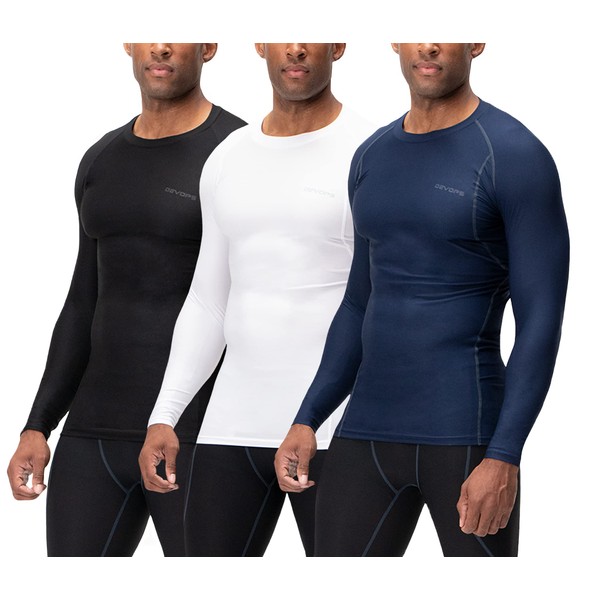 DEVOPS 3 Pack Men's Athletic Long Sleeve Compression Shirts (Medium, Black-Navy-White)