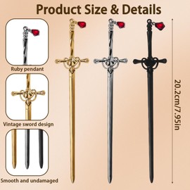 Pack of 3 Hair Pin Hair Stick Hair Pin Sword Bookmark Retro Comes with Gemstone Pendant Hair Sticks Hairpin for Reading Lovers Vintage Bookmark for Women Men