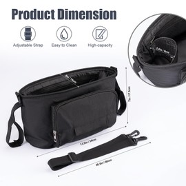 Universal Stroller Organizer with Insulated Cup Holder and Tissue Hole, Detachable Storage Bag with Adjustable Shoulder Strap for Travel Stroller, Black