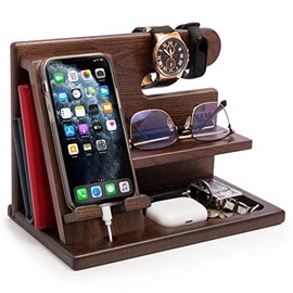 Wood Phone Docking Station Ash Key Holder Wallet Stand Watch Organizer Men Husband Wife Anniversary Dad Birthday Nightstand Purse Father Graduation Male Idea Gadgets
