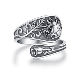 CRWENG Sunflower Turquoise Open Ring for Women Sterling Silver Turquoise Spoon Ring Vintage Adjustable Spoon Rings Sunflower Jewelry Gifts for Women (Skull)