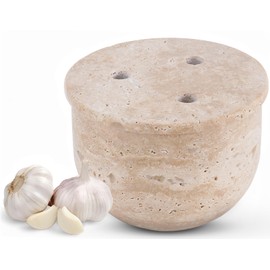 Radicaln - Olla de ajo de mármol de 4.5 pulgadas de travertino hecha a mano para mejoras en el hogar, picadora de ajos, almacenamiento de cebolla y dientes de ajo, para decoración de encimera de