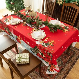 Waterproof Christmas Tablecloth Rectangle 60x84 Inch - Holiday Decoration Santa Claus Printed New Year's Eve Oblong Table Cloth - Washable Table Cover for Party, Kitchen, Dining Room, Outdoor, Indoor