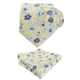 Alizeal Mens 8cm Floral Printed Wedding Party Classic Colorful Necktie with Hanky Set, Light Yellow+Navy+Blue