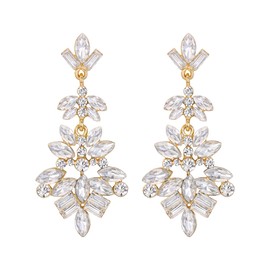 EleQueen Fashion Vintage Style Statement Drop Dangle Earrings Clear Gold-Tone Marquise Square Cluster Art Deco Crystal Earrings for Women Bridal
