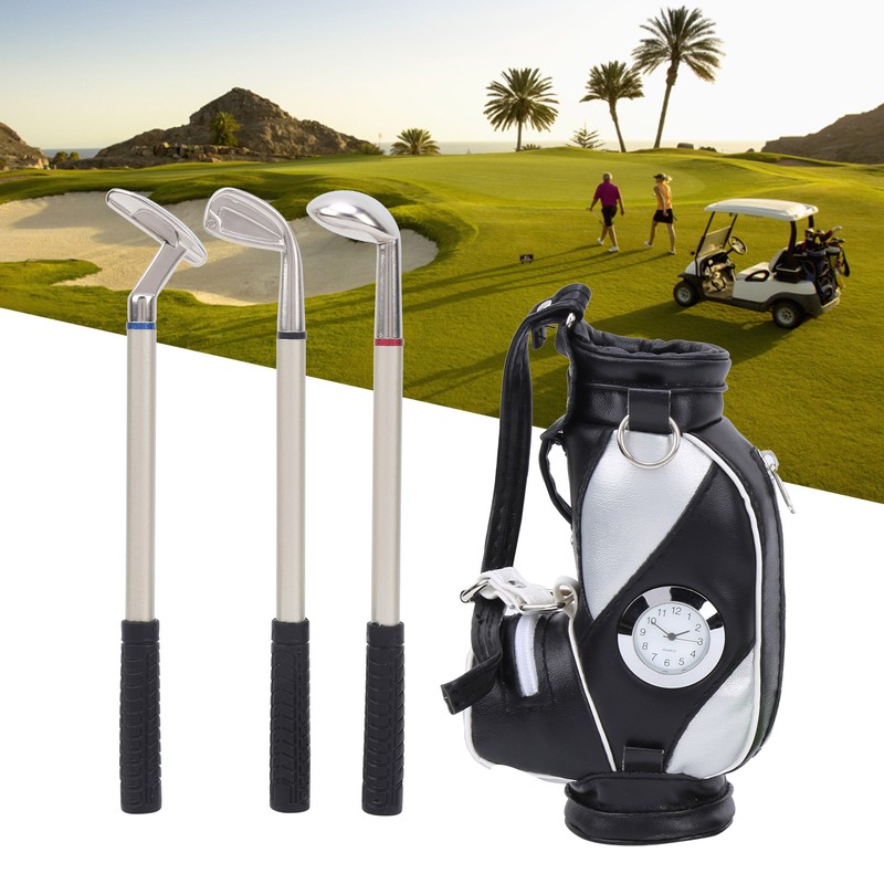 Mini Desktop Golf Bag Pen Clock Zinc Alloy PU Leather