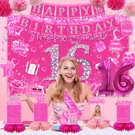 Sweet 16 Birthday Decorations for Girls, Sweet 16 Party Decorations for Girls Happy 16th Birthday Banner Hot Pink Sweet 16th Decorations for 16th Birthday Party Supplies