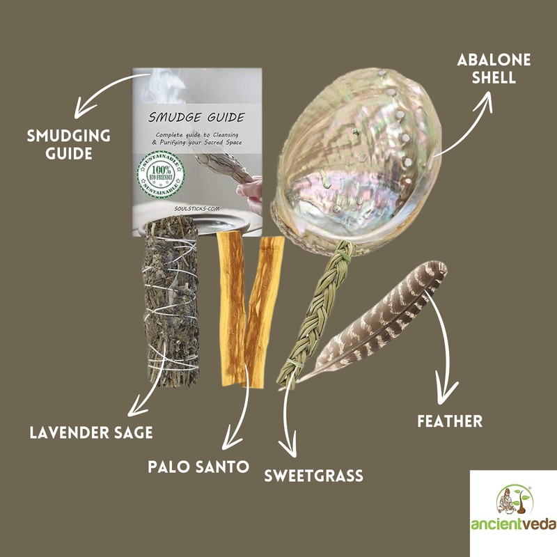 Ancientveda Sage Smudge Kit | USDA Organic Lavender Sage, Sweetgrass