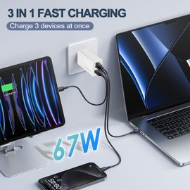 USB C Charger, 67W GaN Type C PD Charger Foldable Adapter with 3-Port Fast Charging Wall Charger Compatible with Phone 16/15/14/13, Pad Pro, Galaxy S24/S23/S22, Note 20/10, Laptops and MacBook (White)