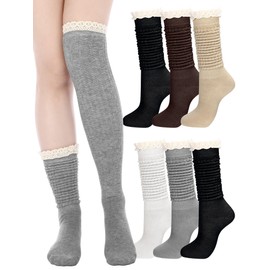 Fourluoo 6 Pack Women Cotton Knit Boot Knee High Socks Lace Trim Knee High Stockings Socks for Boots Casual Chic