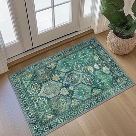 GENIMO 2x3 Area Rugs for Living Room, Machine Washable Low Pile Rugs, Non Slip Vintage Rug for Bedroom, Dining Room, Home Office, Kitchen, Peacock Green