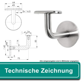 PRIOstahl Handrail Holder Handrail Wall Bracket Handrail Support – 1 x Handrail Support on Round Tube Diameter 42.4 mm for Screwing Flat to the Wall for M8 Hanger Bolt for Railing Made of Stainless