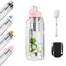 1,5 Liter Trinkflasche/Glasflasche mit Filter & Bürste,Transparent Borosilicate Glas Wasserflasche, Auslaufsichere Sportflasche，water bottle für Fitness, Wandern, Camping, Schule & Büro (Pink)