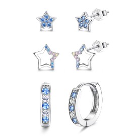 Sanfenly 3 Pairs 925 Sterling Silver Earrings for Women Girls Small Silver Hoop Earrings Cubic Zirconia Stud Earrings Hypoallergenic Heart Star Earrings Cartilage Tiny Sleeper Huggie Hoops Earrings