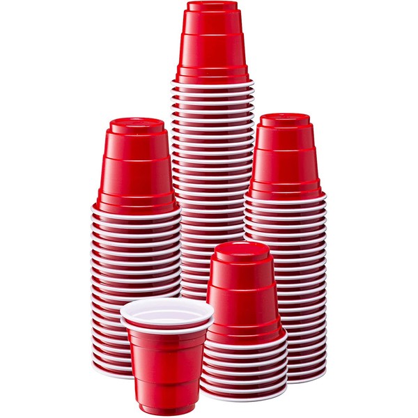 [100 Count - 2 oz.] Mini Plastic Shot Glasses - Red Disposable Jello Shot Cups