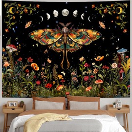 Amtoodopin Orange Butterfly Tapestry Retro Floral Flower Tapestries Moon Phase Wall Art Aesthetic Vintage Boho Wall Tapestry Botanical Mushroom Tapestries Wall Hanging for Bedroom