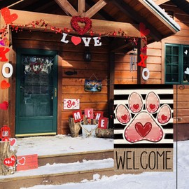 AVOIN colorlife Paw Print Love Hearts Valentines Day Garden Flag 12x18 Inch Double Sided, Welcome Stripes Rustic Yard Outdoor Decoration