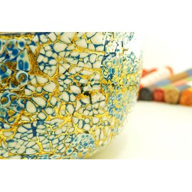 bamboo bowl, wooden round bowls, handmade wood fruit bowl sweet bowl fine quality decorative homeware glossy lacquer inlaid with egg shell in unique mosaic, aqua blue gold effect medium size