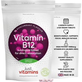 Vitamin B12 1000mcg High Strength Sublingual Tablets, 180 Vegan Blackcurrant Tablets, Vitamin B12 Supplement for Energy, Metabolism, Nervous System and Reduced Tiredness, UK Made | Just Vitamins