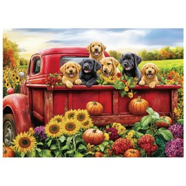 Dog Truck Flower Puzzle 1000 Pieces for Adults, Farm Fall Autumn Sunflower Jigsaw Puzzle, Animal Country Vintage Funny Puzzles