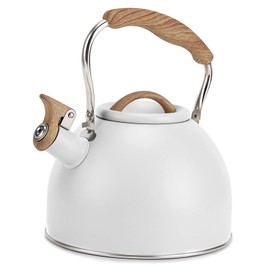 Tea Kettle, Vegoran 100 OZ / 3 Liter Whistling Tea Kettle, Tea Pots for Stove Top Food Grade Stainless Steel with Wood Pattern Folding Handle, Loud Whistle Kettle for Tea, Coffee, Milk (White)