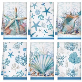 Boyiee Set of 6 Beach Kitchen Towels Coastal Ocean Dish Towels Sea Nautical Tea Towels Absorbent 24 x 16 Inches Shell Coral Starfish Hand Towels Summer Gifts for Farmhouse Kitchen Bathroom Decorations