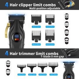 HIENA PRO Hair Clippers for Men Professional, Cordless Barber Clipper T-Blade Beard/Hair Trimmer Foil Shaver Full Barber Set, Electric Men's Hair Cutting Kit with LED Display and 8 Guide Combs