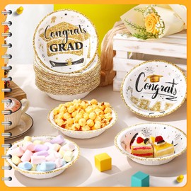 Ziliny 50 Pcs 16 oz Graduation Party Supplies Congrats Grad Disposable Paper Bowls Bulk Class of 2025 Soup Serving Bowl for Cold and Hot Food Salad Cereal Snack Dinner Decoration, 2 Styles (White)