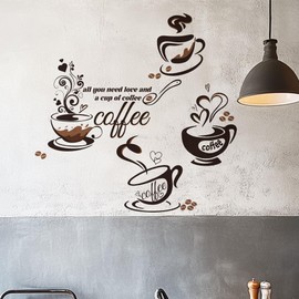 GOMAKERER 2 Sheets Kitchen Wall Decals, 2 Sizes Coffee Cup Coffee Beans Wall Decals with Funny Letters Removable Peel and Stick Wall Decor for Home Restaurant Kitchen Cafe Pub, 90x30cm/60x30cm