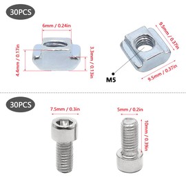 lyualma 30 Piece T-Nut M5 Set Carbon Steel Nickel-Plated T Slot Nut Connector Set, T-Slot Blocks Set T-Nut for Aluminium Profile Extrusion Slot, Clamping Claws