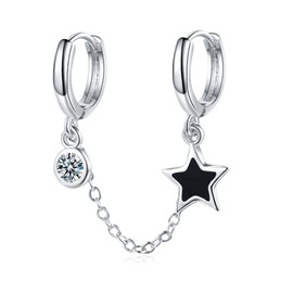 Qings Punk Rock Black Hoop Earrings - 1 x Sterling Silver Double Hoop Earrings Mini Black Zircon Earring Double Hole Sterling Silver Pendant Star Chain Jewellery Gift for Women Girls, Sterling Silver,
