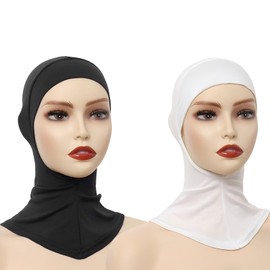 SUNTRADE Hijab Cap for Women, 2 Pack, Adjustable Turban with Full Neck Coverage, Stretchy, Black/White, One Size