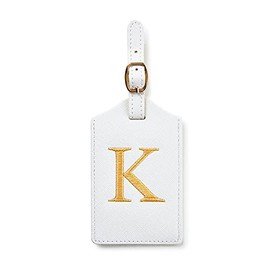 Initial Luggage Tag, PU Leather Luggage Tag, Embroidered Luggage Tag, Letter Luggage Tag, Monogrammed Luggage Tag, Luggage Tag for Baggage Bag Suitcase (K, White Leather+Gold Letter)