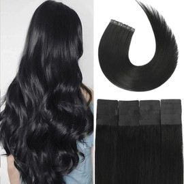 Tape in Brazilian Human Hair Extensions 100% Remy Human Hair Glue in Extensions Balayage Seamless Silky Straight Skin Weft Hair(20Inch #1 Jet Black 20pcs 50g)
