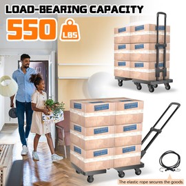 Portable Folding Hand Truck 550lbs Capacity Heavy Duty 6 Wheels Collapsible Luggage Cart, 27.5" x 15.8" Travel Dolly Cart with Elastic Ropes, Black
