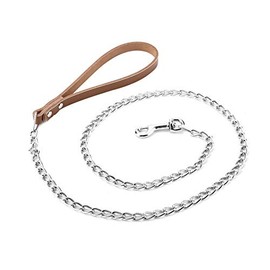 Correa de metal para perros, correa de cadena para perros de alta resistencia Cuerda de entrenamiento para perros Correa de plomo con mango de PU para perros grandes, medianos, de tamaño pequeño (marrón)
