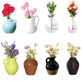 Cacukap Cute Mini Ceramic Vase Magnets for Fridge, Funny Small Plant Magnets, Tiny 3D Plant Vase for Refrigerator Decoration Kitchen Locker Kitchen Office (8 Pack)