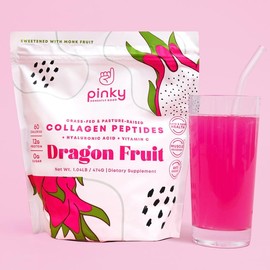 Pinky Collagen Peptides with Hyaluronic Acid & Vitamin C, Dragon Fruit Flavor | Zero Sugar, High Protein | Supports Skin, Hair, Joints & Gut Health