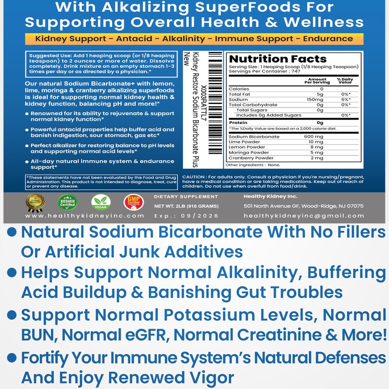 Organic Sodium Bicarbonate Alkaline Supplement For Alkalinity. Support Kidneys &
