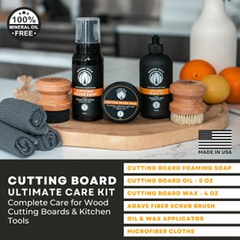 Rhino Wax Cutting Board Ultimate Care Kit - Includes Cutting Board Oil, Cutting-Board Wax, Foaming Soap Cleaner, Applicator, Scrub Brush, 3 Microfiber Cloths - All Natural Ingredients - Made in USA