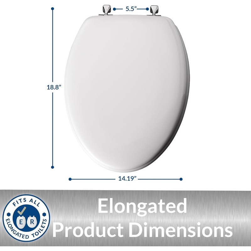 Plexon Wood Toilet Seat with Chrome Hinges, 1 Pack Elongated,