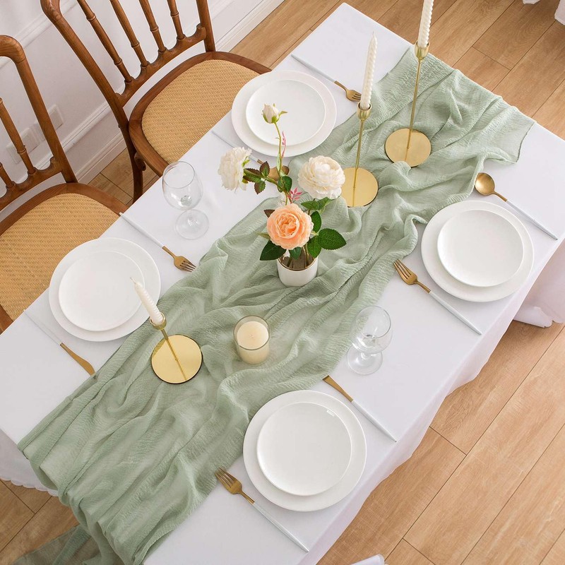 Aoksunova Cheesecloth Wedding Table Runner, Eucalyptus Green, Muslin, Chiffon, 400