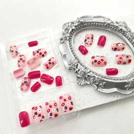 Square Press on Nails Short False Nails with Color Flower Design Glue on Nails Red Pink Full Cover Nails Press ons Glossy Fake Nails Spring Artificial Stick on Nails for Women 24Pcs