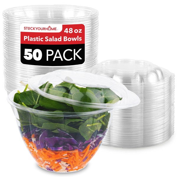 Stock Your Home 48oz Clear Plastic Salad Bowls with Lids Disposable (50 Pack) Large Takeout Container with Snap on Lid for Fruit Salads, Quinoa, Lunch and Meal Prep, Acai Bowl, To-Go Party Containers
