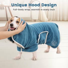 PETTOM Dog Drying Robe, 400gsm Microfiber Super Absorbent, Adjustable Coat for Medium Large Dogs, Bathrobe Towelling Quick Drying (Blue, L)